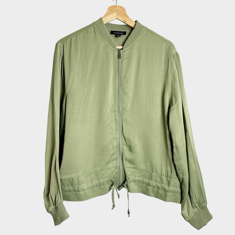 Calligraphie M Lightweight Satin Bomber Jacket Green Lightweight Minimalist